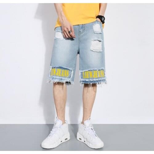 Summer New Mens Short Destroyed Jeans Casual Slim Fit Button Knee-Length Frayed Denim Pants Male Trousers Jogger Ripped Pants