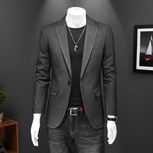 Luxury Designer Men Blazer Slim Fit Casual Blazers 2021 New Spring Autumn Plaid Blazer Jacket 5XL Dark Grey Hommes Veste Q209