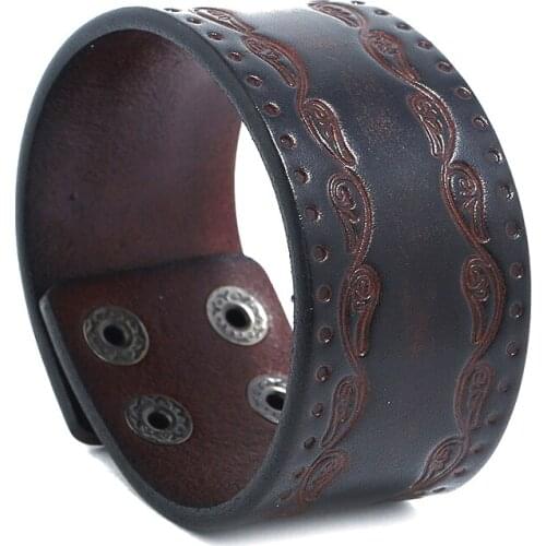 Punk Men Leather Bracelet Embossing Wing Pattern Vintage Cuff Bangle Genuine Leather Material Fashion Jewelry Gift Men