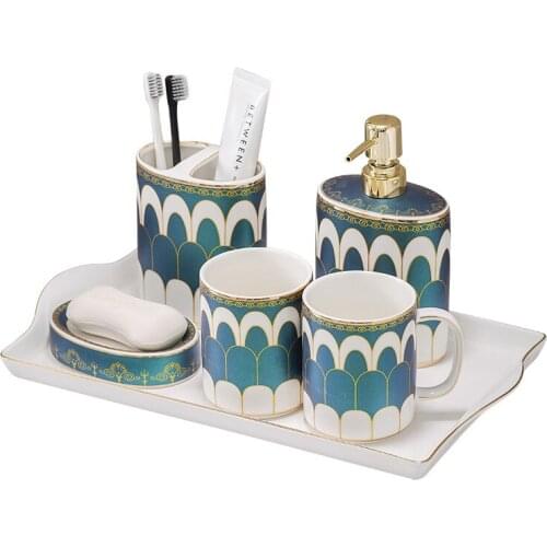 Bathroom Kit Set Liquid Ceramic Soap Dispenser/Dish Toothbrush Holder Gargle Cup With Tray 6 Pcs Wedding Gifts Presents New