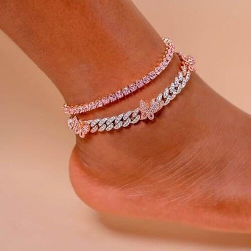 Rose silver color cz cuban leg chain anklet 2020 fashion women iced out bling cz cuban link chain pink butterfly anklet jewelry