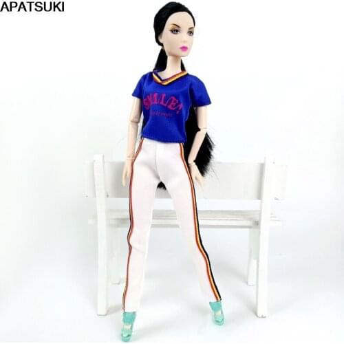 Royalblue Letter Smile Shirt Clothes for Barbie Doll Outfits Sports Gym Tops Yoga Top Long White Pants for 1/6 BJD Doll Kid Toy