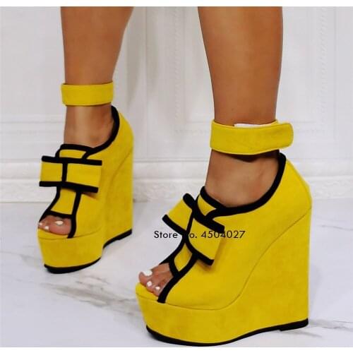 New Womens Yellow Patchwork Bow Sandals Shoes Summer Fashion Platform Open Toe Wedge Shoes