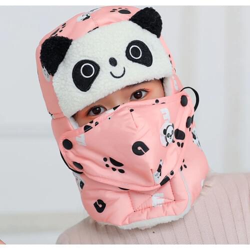 Animal panda Sharp Bomber Hats for Girl Boy Winter Hats Cap with Scarf Neck Masks Cotton Snow Cap Earflaps Russian Hat Mask Warm