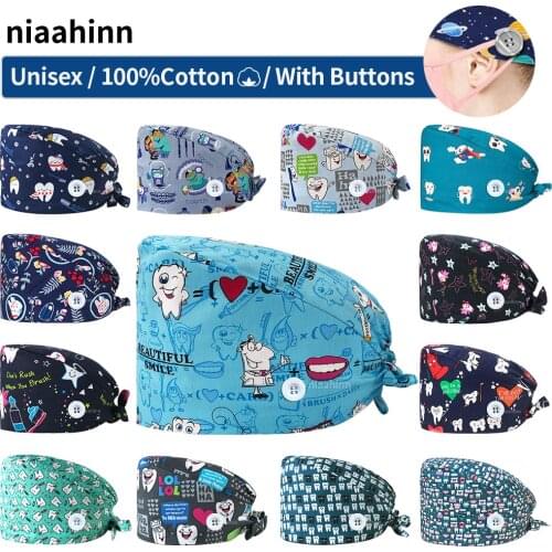 Tooth Printing Scrubs Women Caps Unisex Medical Cap Health Service Nursing Surgery Hat with Button Pet Grooming Agency Scrub Hat
