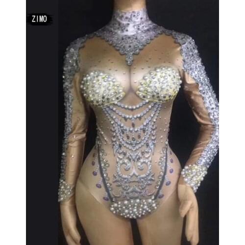 Rhinestone pearl Sexy Nude Jumpsuit Stretch Bodysuit Outfit Female Singer Dance Nightclub Wear bodysuit performance costume rav