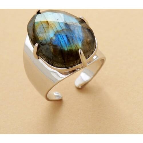 High End Big Natural Stone Rings Jewelry Labradorite Luxury Party Cocktail Ring Size 7