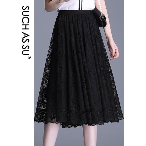 SUCH AS SU Spring Summer Lace Skirt Women 2021 Korean Fashion Black Mid Long High Waist Hollow Out Ladies Pleated Umbrella Skirt