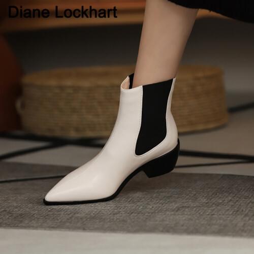 Women Botas Pointed Toe Wedges Ankle Boots Woman Fashion Slip-on Chelsea Boot Autumn Winter White Thick Heel cowboy booties 32