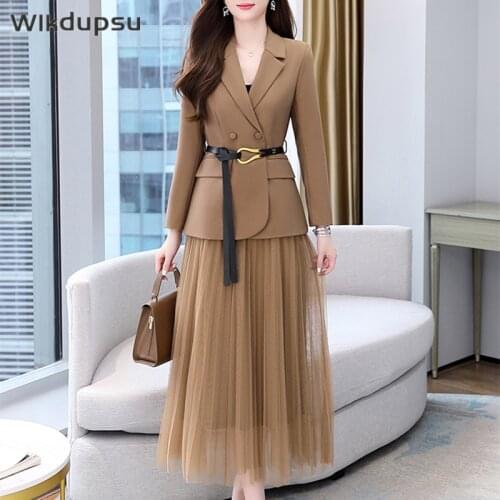 Skirt Suit Womens Spring Autumn 2021 New Two Piece Set High Waist Pleated Tutu Skirt & Fashion Korean Blazer With Belt Clothes