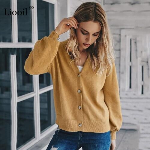 Liooil Casual Knit Cardigan Women 2020 Button Up V Neck Long Sleeve Female Autumn Winter Solid Color Knitwear and Sweater Coat