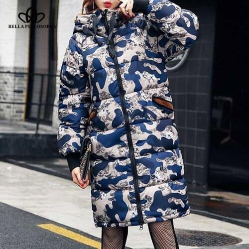 Bella Philosophy winter padded coat women long parka jacket long sleeves outwears overcoat Hooded camouflage coat