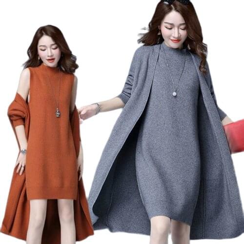 Women DressTwo Piece Set 2021 New Female Fall Winter Knitting Cardigan+Knitting Sleeveless Dress 2 Piece Set Women Suit 3XLB