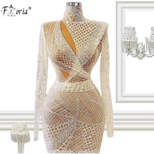 Elegant White Nude Diamond Beading Mermaid Evening Dress 2021 Dubai Luxury High Neck Long Sleeves Formal Party Gown