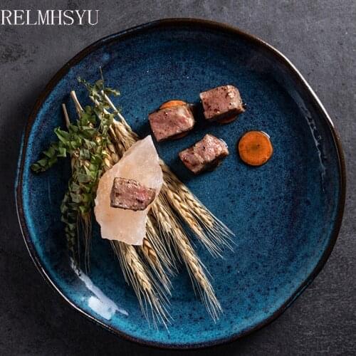 1PC RELMHSYU EuropeanStyle Retro Ceramic Round Western Steak Dessert Flat Breakfast Dinner Plates Dishes Restaurant Tableware