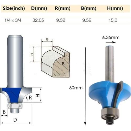 1PC Blue 3/4" Radius 1/4" Shank Round Over Beading Edging Router Bit For Woodworking Cutter Tool