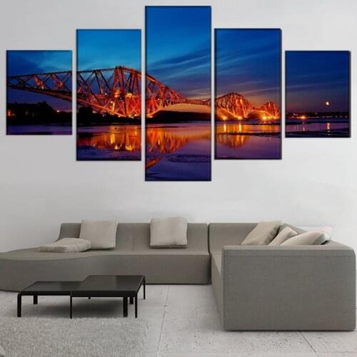 HD Print Artwork 5 Pieces Scotland Bridge River Lights Painting Modern Decor Living Room Wall Art Modular Pictures Canvas Poster