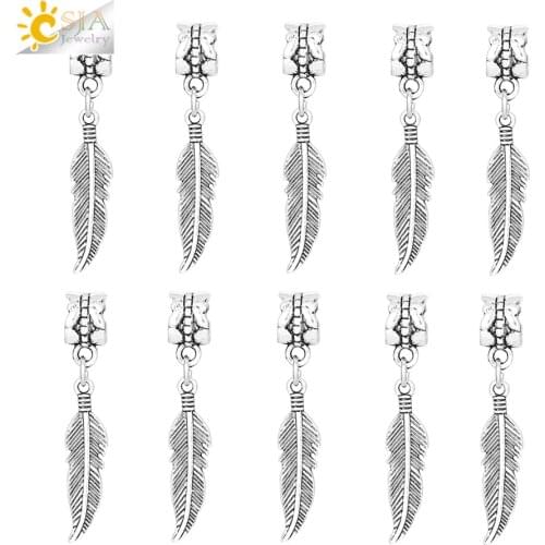 CSJA Antique Silver Color Leaf Feather for Bracelet Jewelry DIY Accessory 5mm Big Hole Beads Connector 10pcs Findings F378