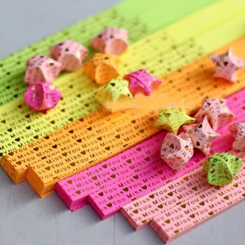 DIY Handcraft Origami Lucky Star Paper Strips Quilling Printed Miss You Mix Shinning Colors Home Wedding Decoration Craft