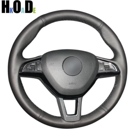 Black Artificial Leather Hand-stitched Car Steering Wheel Cover for Skoda Citigo 2013-2019 Fabia 2013-2019 Karoq 2017-2019
