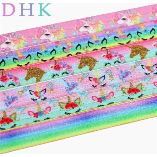 DHK 5/8'' Free shipping unicorn face gradient colors printed Fold Elastic FOE headband headwear hairband DIY decoration OEM S730