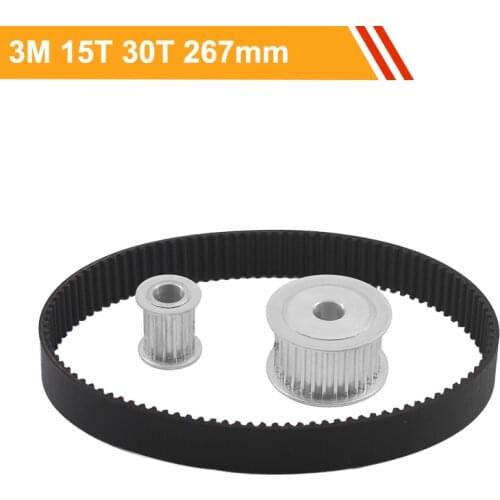 HTD3M Gear Belt Pulley Kit 15T 30T Reduction 1:2 3M-267mm Transmission Belt 100mm Center Distance Synchronous Pulley Wheel Set