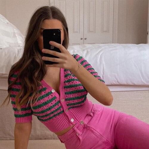 Ardm Fashion Rose Red Striped Cropped Knitted Cardigan Za Women 2021 Sweater Vintage V Neck Short Sleeve Female Outerwear Tops