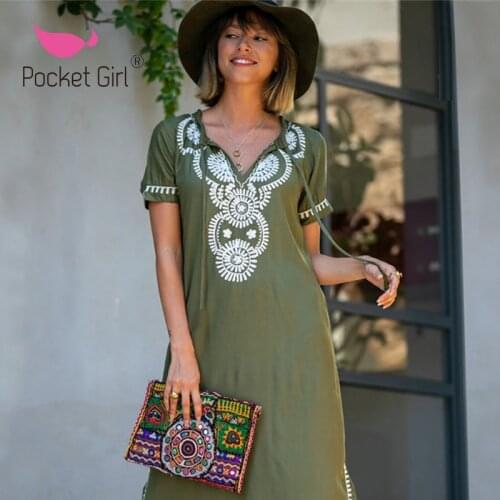 Pocket Girl 2020 Vertical Printed Kaftan Cover Ups Beach Dress Swimsuit Sexy Cover Up Women Beachwear Short Sleeve Midi Dress