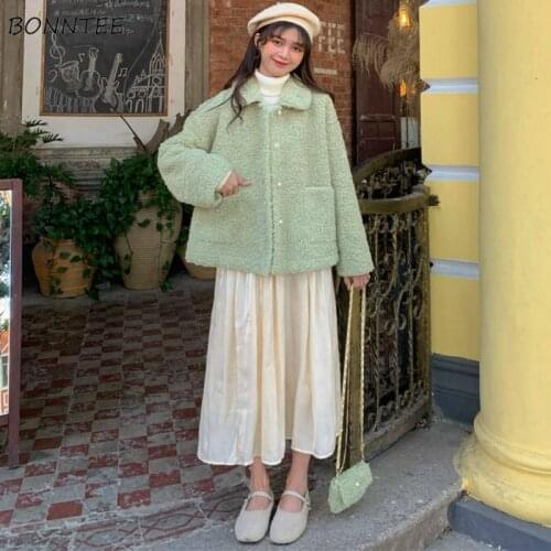 Basic Jackets Womens Winter Turn-down Collar Button Pocket Lovely All-match Casual Coats Strewtwear New Arrival Femme Outwear