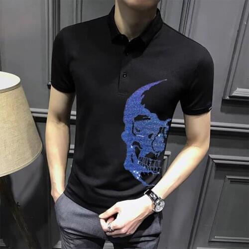 Super Gradient Rhinestone Shining Street Male Polo Shirt Summer Lapel Solid Color Base Short-Sleeved Sweat-Absorbent Mens Top