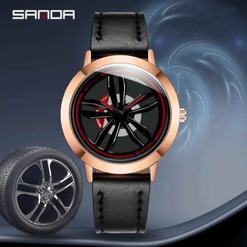 SANDA Fashion Rotating Roulette Mens Watch Creative Car Wheel Sports Quartz Watch Waterproof Leather Wheel Watch Мужские часы