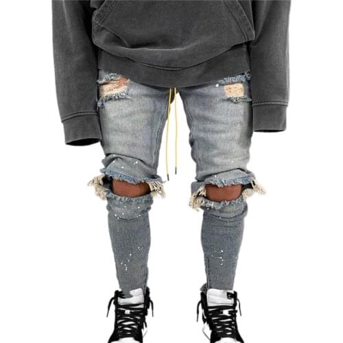 Men’s Korean Slim Fit Pants Fashion Ripped White Paint Dot Mid-waist Stretch Feet Denim Long Pants Cool Style