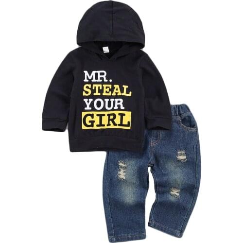 New Fall Newborn Infant Baby Boys Girl Clothing Set Long Sleeve Letter Print Hooded Top + Ripped Long Jeans Set 0-3T