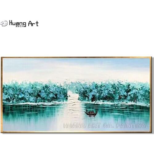 Newest Hand-painted Green Knife Landscape Oil Painting on Canvas for Decor Modern Abstract Lotus Pond Landscape Wall Painting