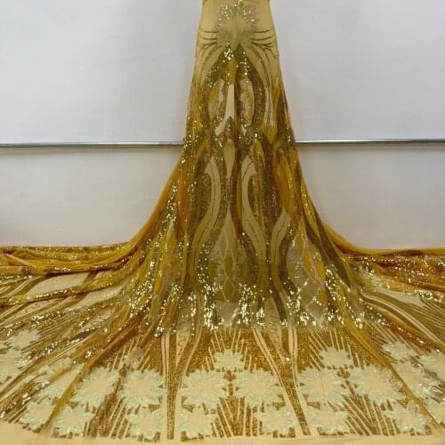 Newest Golden French Tulle Lace Fabric Sequins Sequenc Emroiderey African Mesh Lace Fabric High Quality Sequins Lace For Wedding