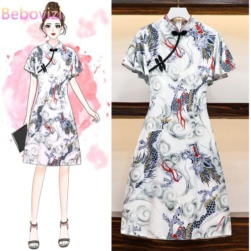 Bebovizi 2020 New Vintage Chinese Style Traditional Casual Party Women Midi Dress Summer Cheongsam Dresses M-4XL Plus Size