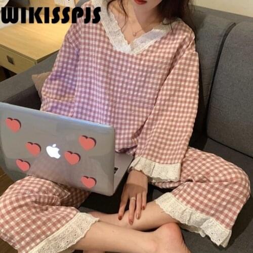 2021 New Womens Lovely Soft Girl Lace Splicing Girls Plaid Home Clothes Pajama Set Women Bedroom Set Lounge Sets