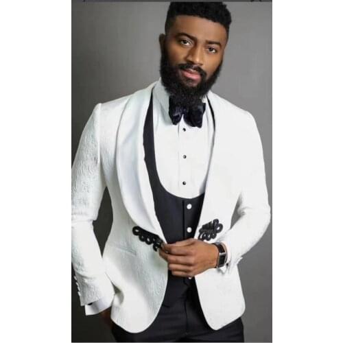 Tailor made luxury noble high quality White jacquard with black pants vest suits men for wedding man suit slim fit party Blazer