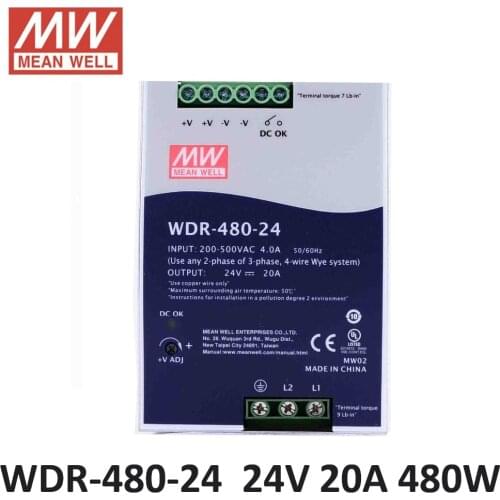 Original MEAN WELL WDR-480-24 SMPS PFC function 480W 20A 24V Industrial DIN Rail Power Supply 180-550VAC input to 24VDC output