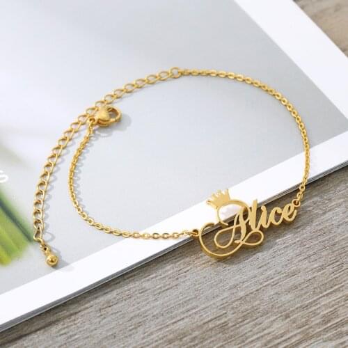Personalized Custom Name Bracelet Gold Stainless Steel Cuff Crown Font Bracelets For Women Handmade Bangle gift to best friends