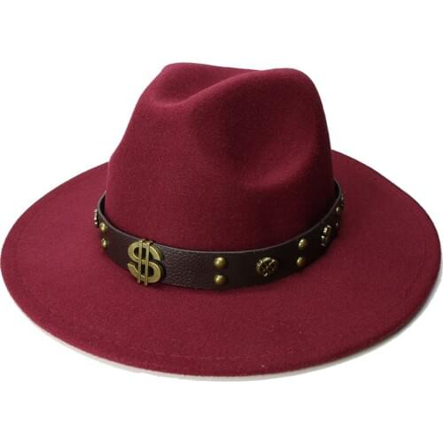 LUCKYLIANJI Retro Women Men Vintage 100% Wool Wide Brim Cap Fedora Panama Jazz Bowler Hat Dollar Leather Band (57cm/adjusted)