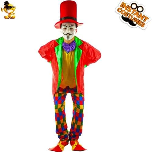 Christmas Adult Man Dress Up Funny Clown Costumes Carnival Fancy Dress Colorful Suit with Hat Halloween Cosplay for Men Costume