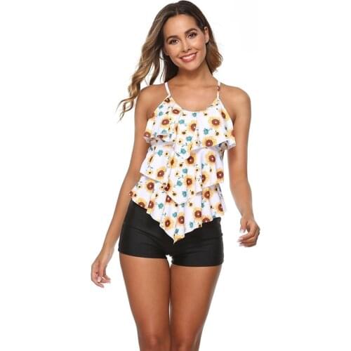 Sexy Sunflower Print Ruffle Push Up Swimwear Women Monokini Two Piece Strapless Shorts Swimsuit Bathing Suit Sexy Femme Biquini