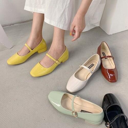 Spring Autumn Women Mary Janes Shoes Patent Leather Low Heels Dress Shoes Square Toe Shallow Buckle Strap Girls Shoes 8828L