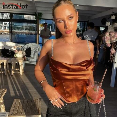 InstaHot Women Elegant Camis Crop Top Drill Chain Ruched Spaghetti Strap Backless Sexy Vest 2021 Summer Solid Fashion Sling Tank