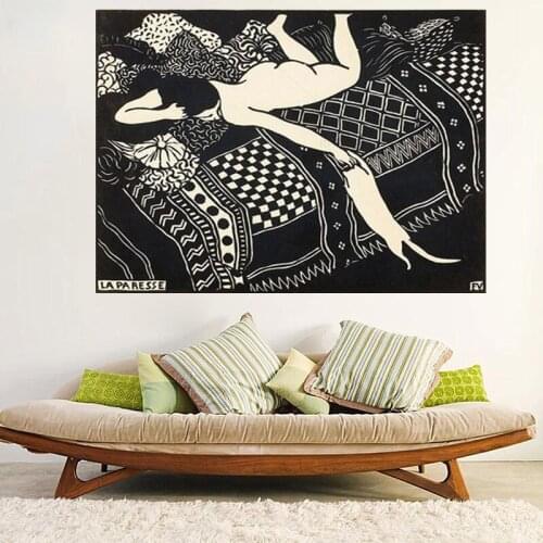 Vintage Poster Wall Art Print La Paresse Felix Vallotton Laziness Black and White Woman Cat Antique French Art Painting Picture