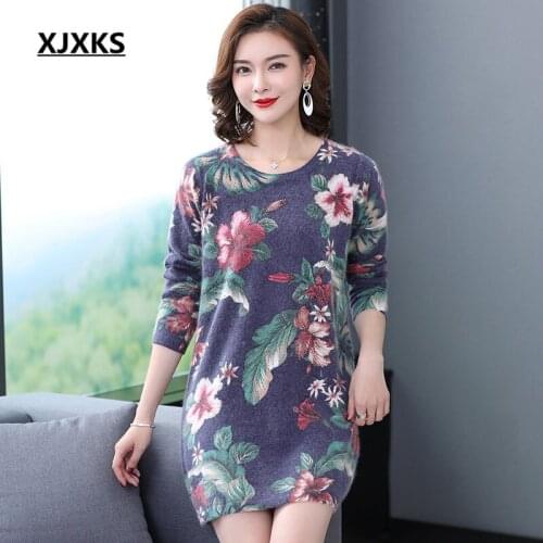XJXKS 2020 spring new loose plus size fashion printed women dress high-end Mink Cashmere knitted long sweater women pullover