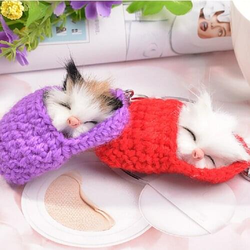 Handmade Cute Sleeping Cat Pompom Keychains For Women Girls Woven Shoes Faux Rabbit Fur Kitten Key Chains Fluffy Car Key Rings