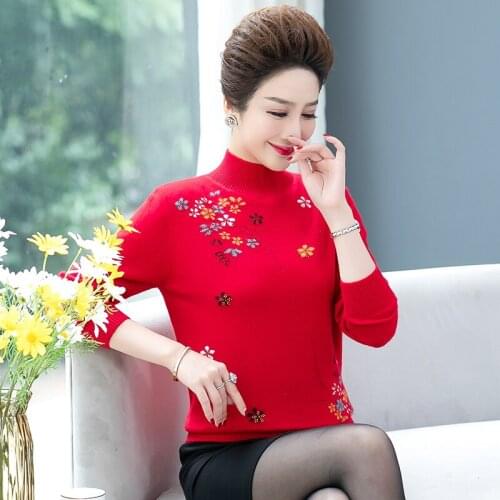 Women 65% cashmere Sweater 2020 Autumn winter turtleneck flowers knitted Pullover middle age mothers bead floral warm sweaters