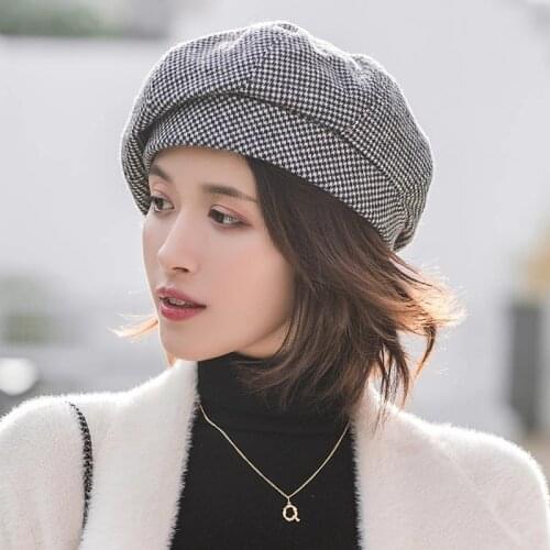 Spring Autumn Simple Wool Cotton Elegant Lattice Pattern Women Beret Hats Vintage Octagonal Casual Boina Beautiful Girl Caps